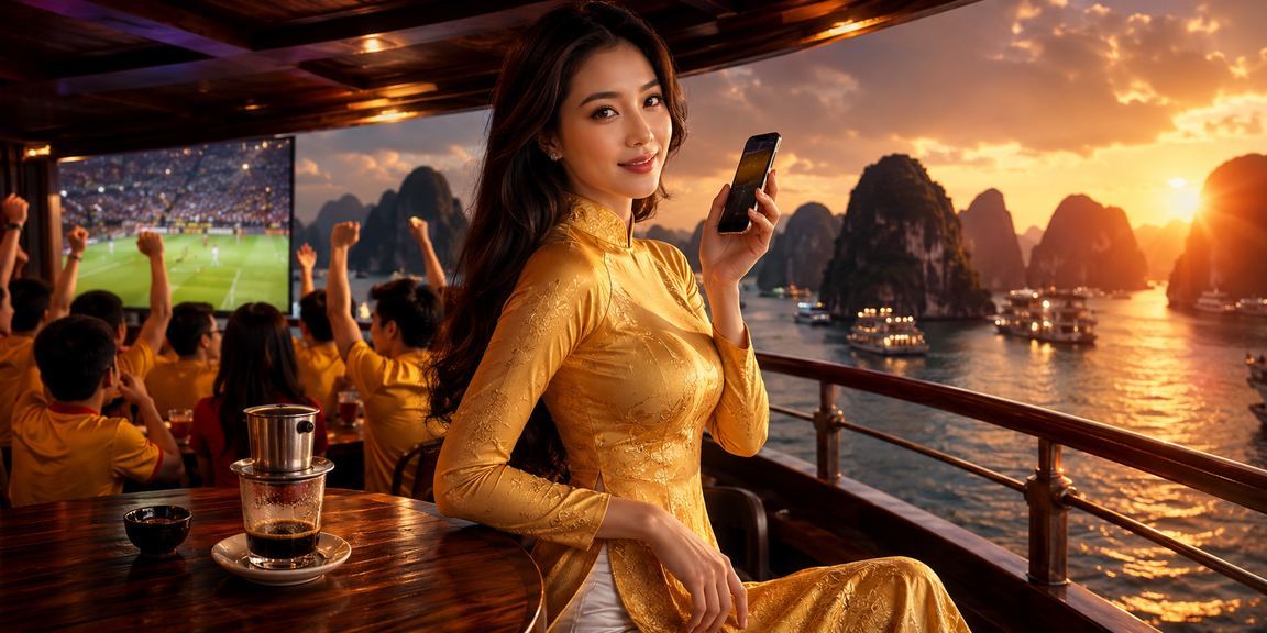 Khung cảnh vịnh Hạ Long với hình ảnh đăng ký tài khoản và nhận bonus chào mừng trên app